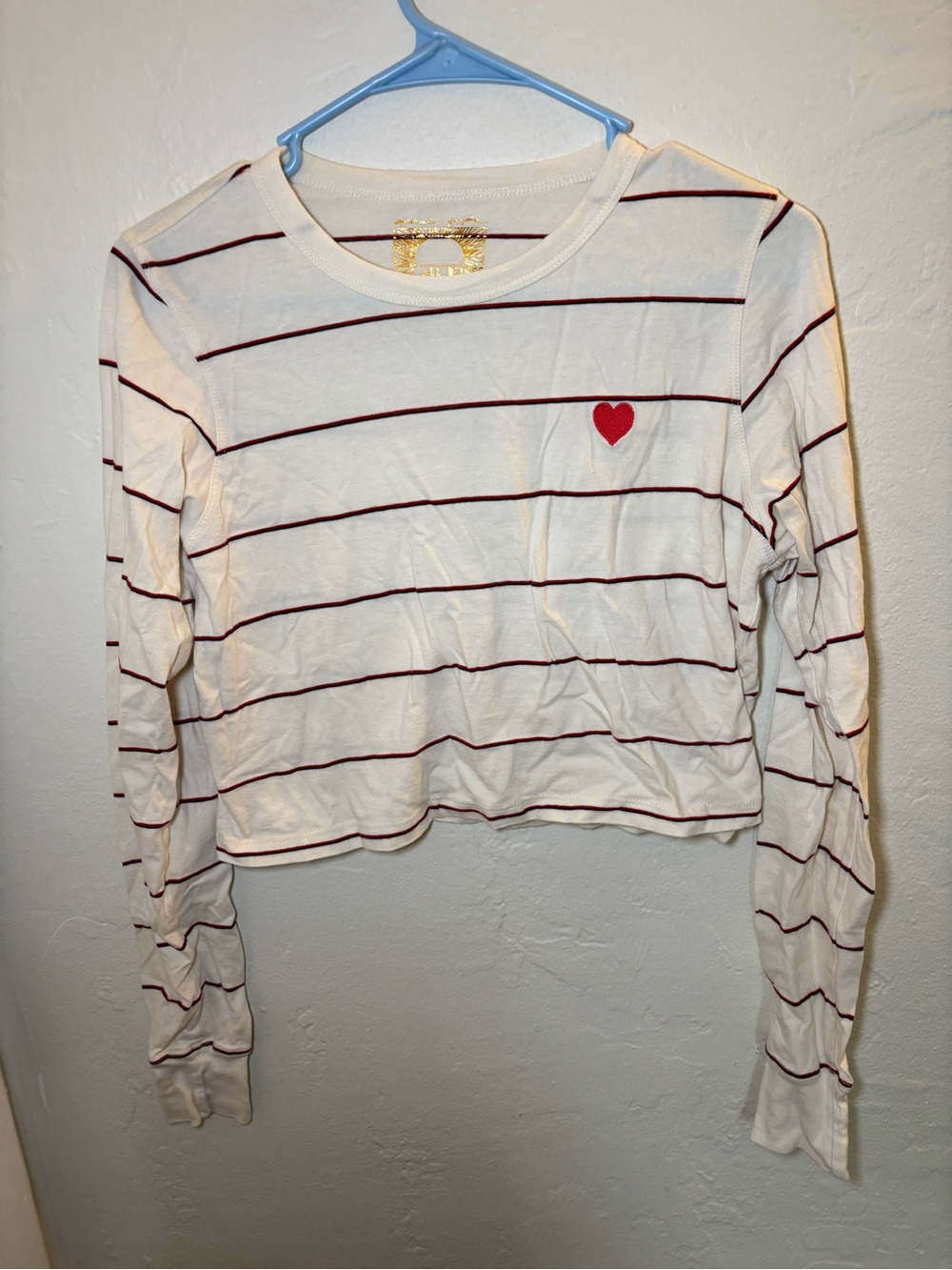 Spiritual Gangster White Striped Long-Sleeve Tee with Red Heart